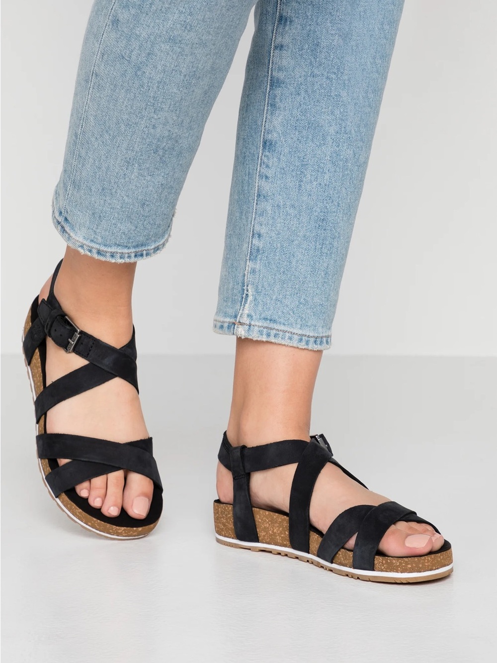 Timberland Black Strappy Cork Wedge Sandals